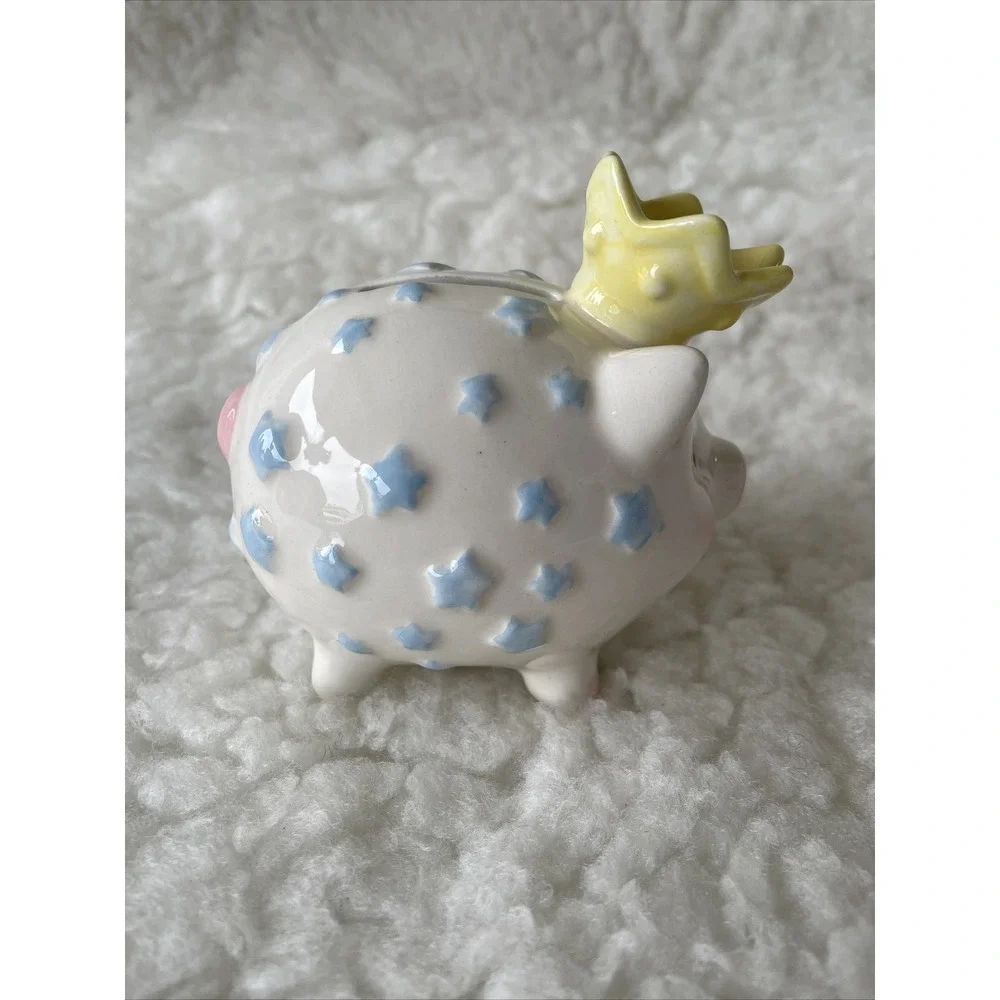 MUD PIE BABY LITTLE PIG PRINCE COIN BANK Blue White Pink With Yellow Crown!